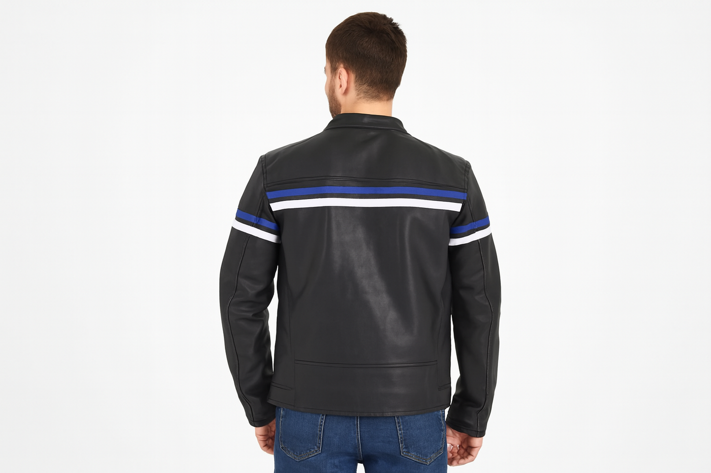 Back view of model wearing blue striped leather jacket