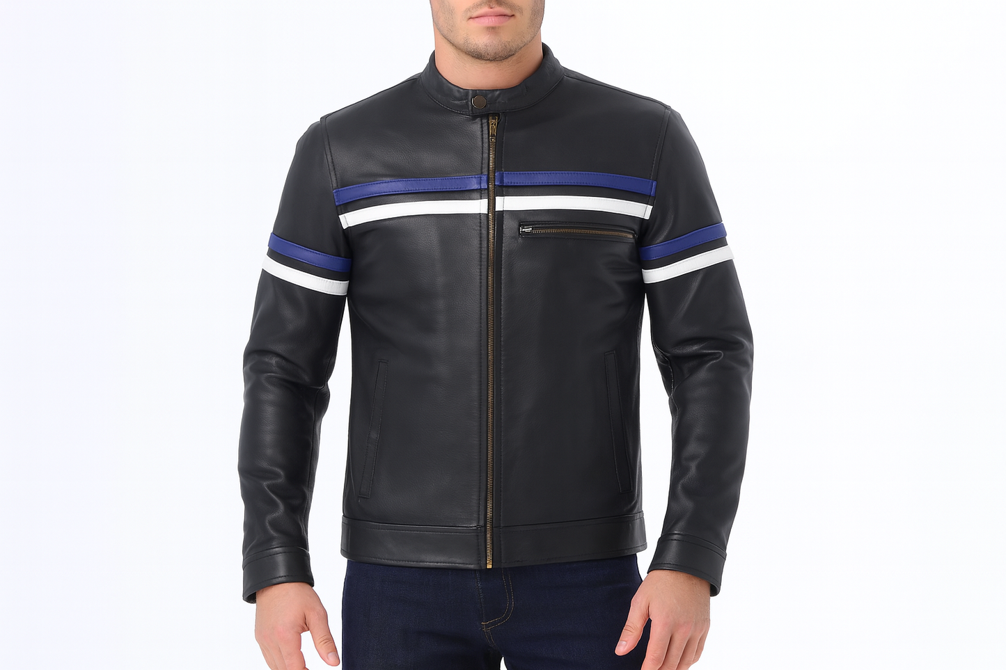 Model wearing black leather jacket with blue and white stripes
