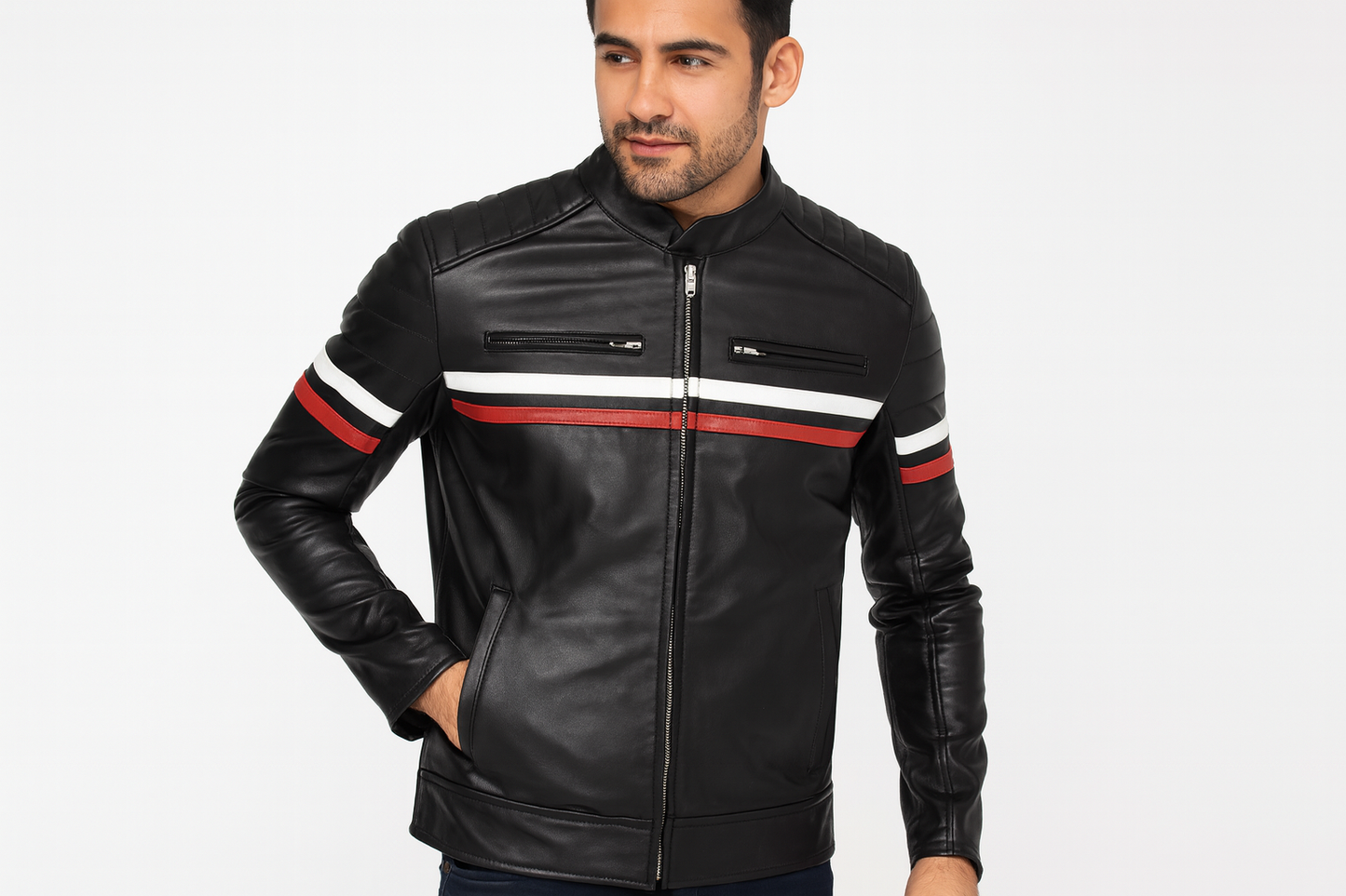 Model wearing black leather jacket with red and white stripes - front view