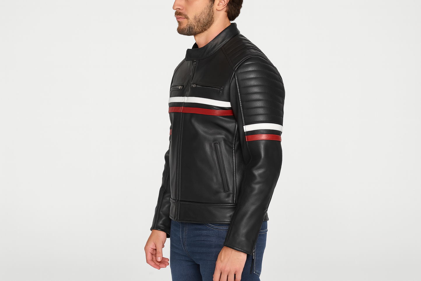 Side profile of model wearing leather jacket