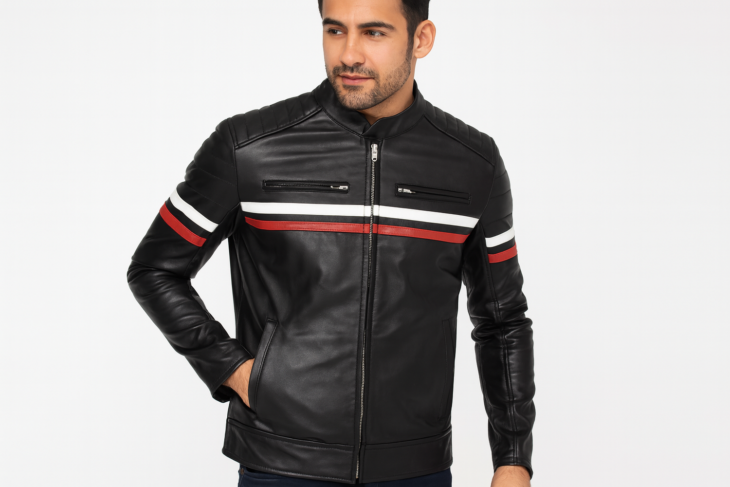 Model wearing black leather jacket with red and white stripes - front view