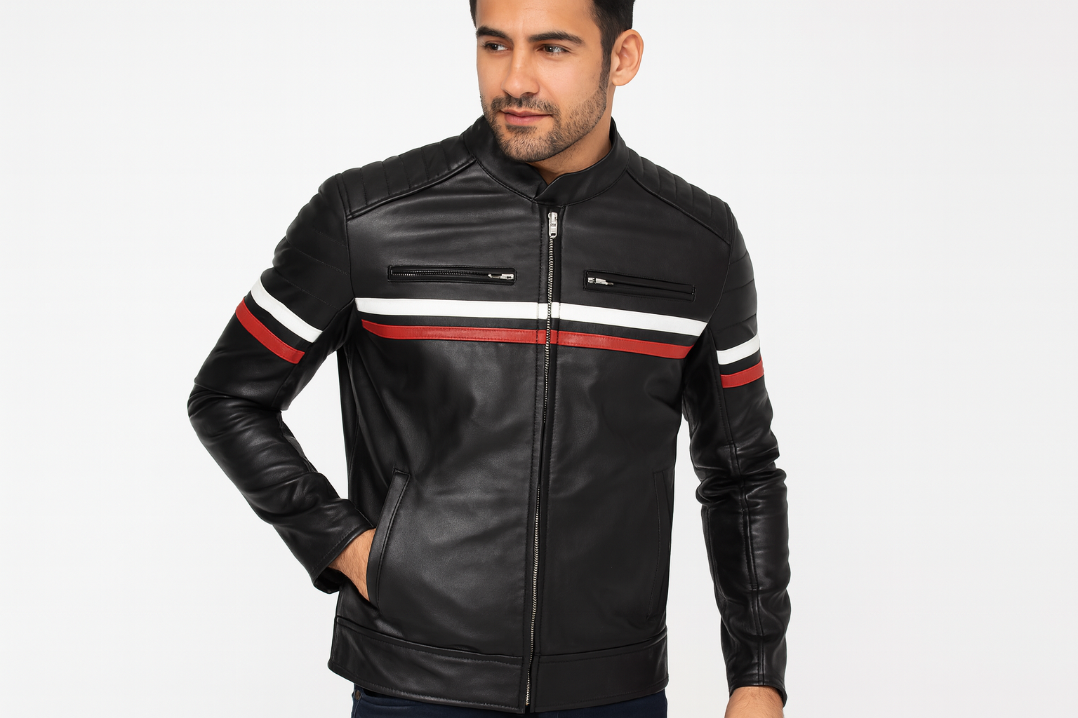 Model wearing black leather jacket with red and white stripes - front view