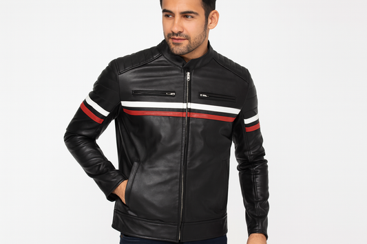 Model wearing black leather jacket with red and white stripes - front view