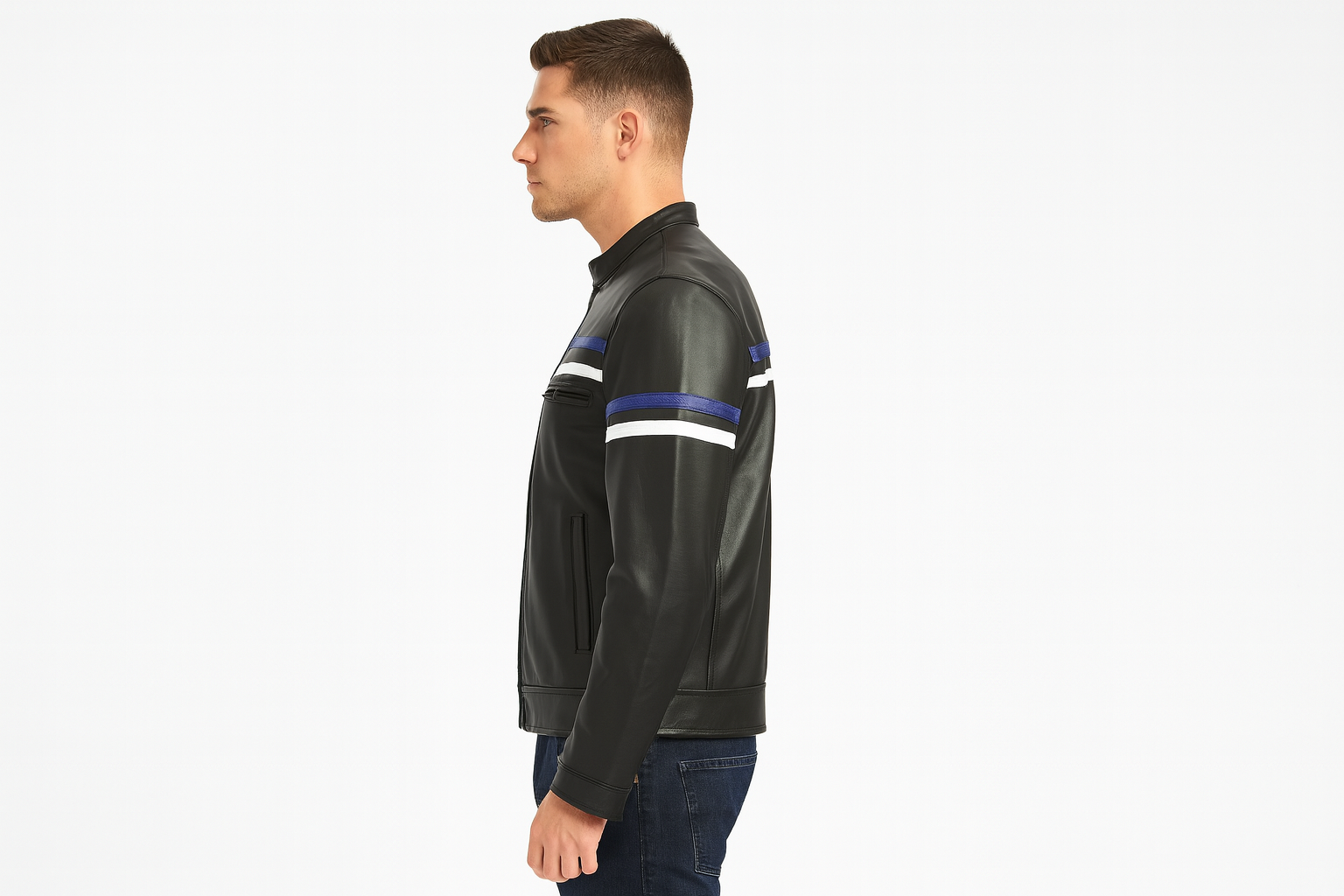 Side profile of model wearing blue striped leather jacket